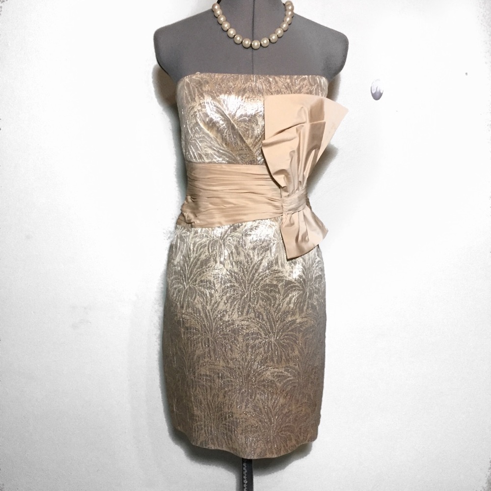 BCBG Gold & Silver Strapless Silk Cocktail Dress 6